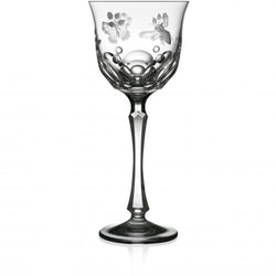 A clear hand-cut, hand-engraved art crystal glass with a floral pattern, featuring a round shape with a flat cut base and detailed engraving of springtime creatures like butterflies and dragonflies.
