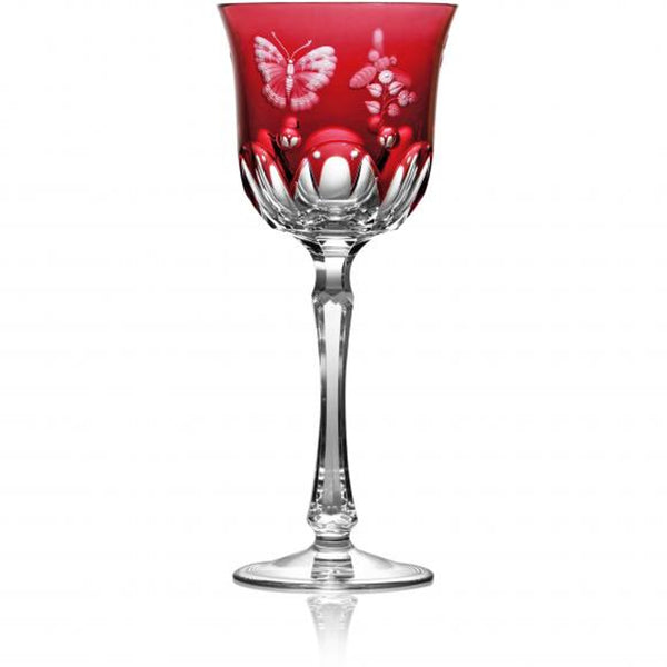 Luxury Water Glass in Raspberry Red Crystal with Butterfly and Leaf Engraving – Springtime by Varga Crystal