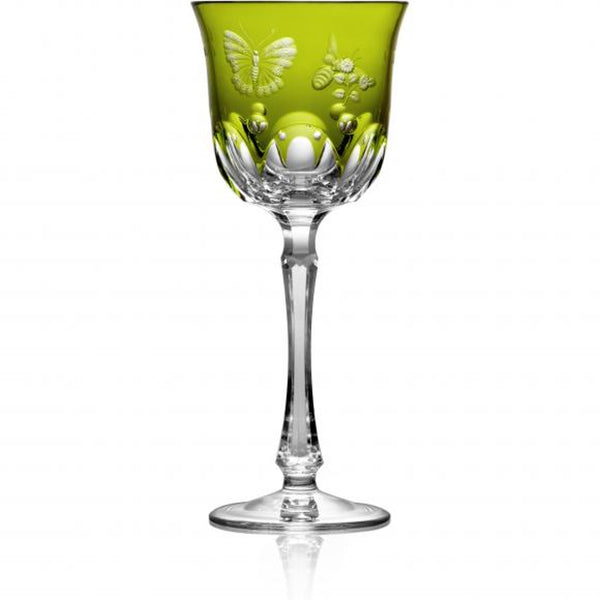 Luxury Water Glass in Yellow-Green Crystal with Butterfly and Leaf Engraving – Springtime by Varga Crystal