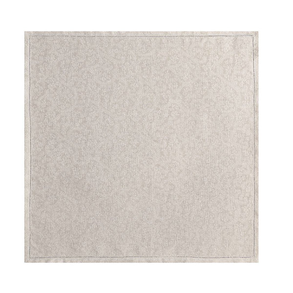 Bright beige linen napkin with mitred corners and laddered hems, showcasing delicate weave and refined Italian style.