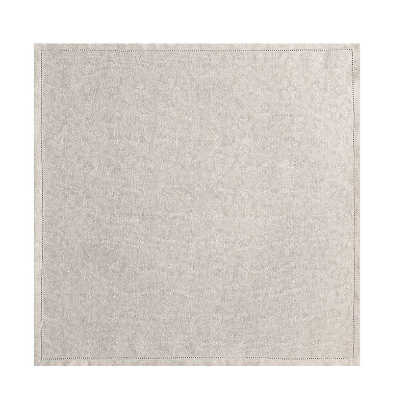 Bright beige linen napkin with mitred corners and laddered hems, showcasing delicate weave and refined Italian style.