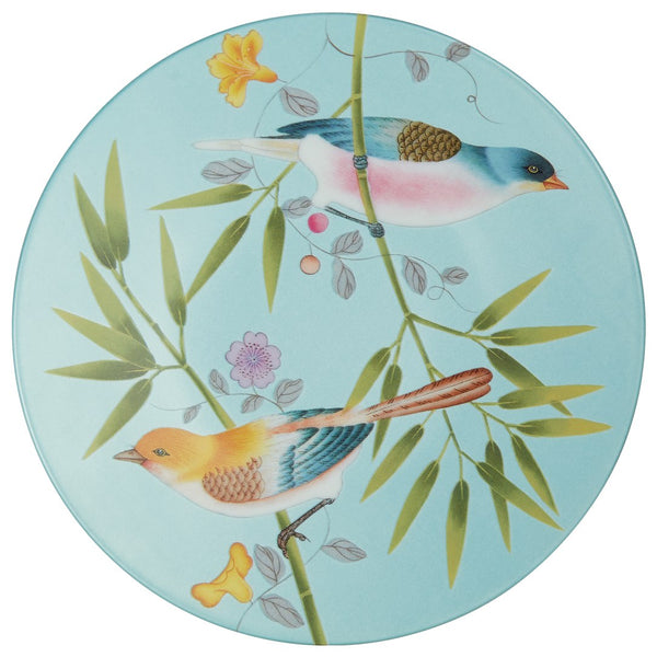 turquoise plate showing birds and floral design