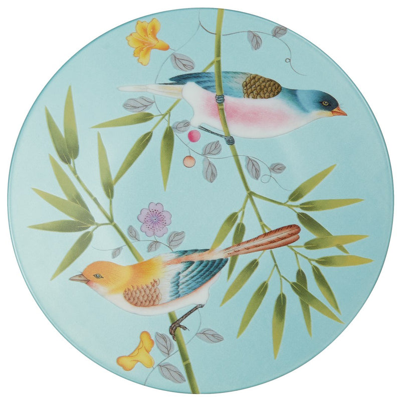 turquoise plate showing birds and floral design