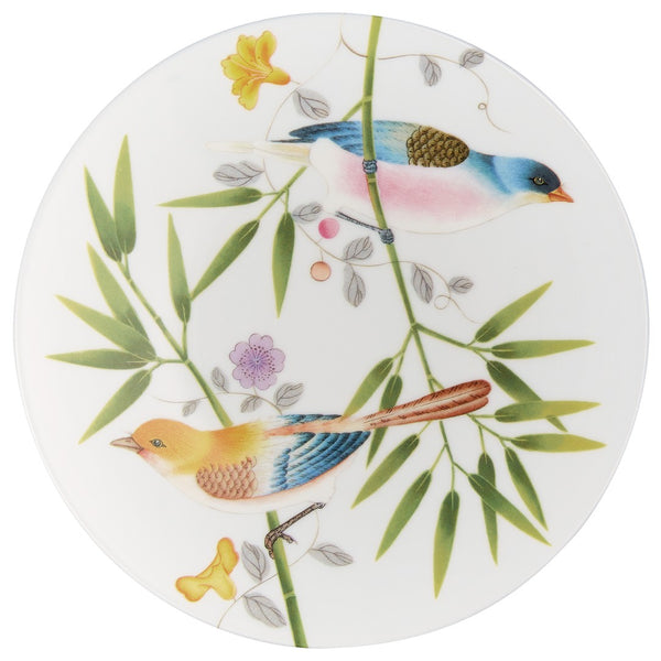 white plate showing floral and birds design