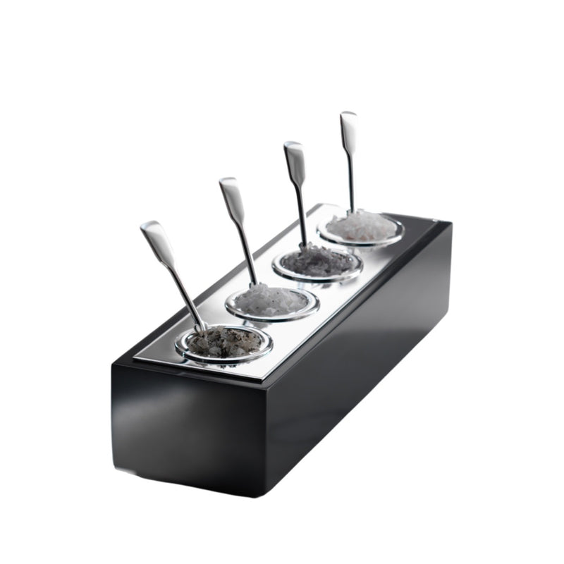 silver plated salt and spices display with black corian base by Robbe and Berking