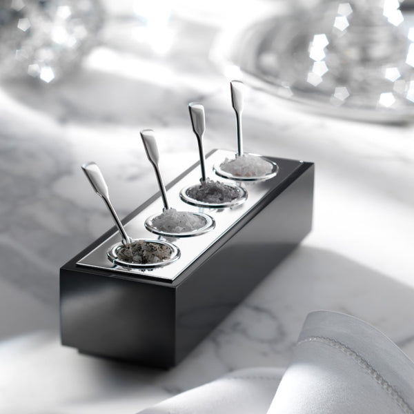 Styled silver plated salt and spices display with black corian base by Robbe and Berking