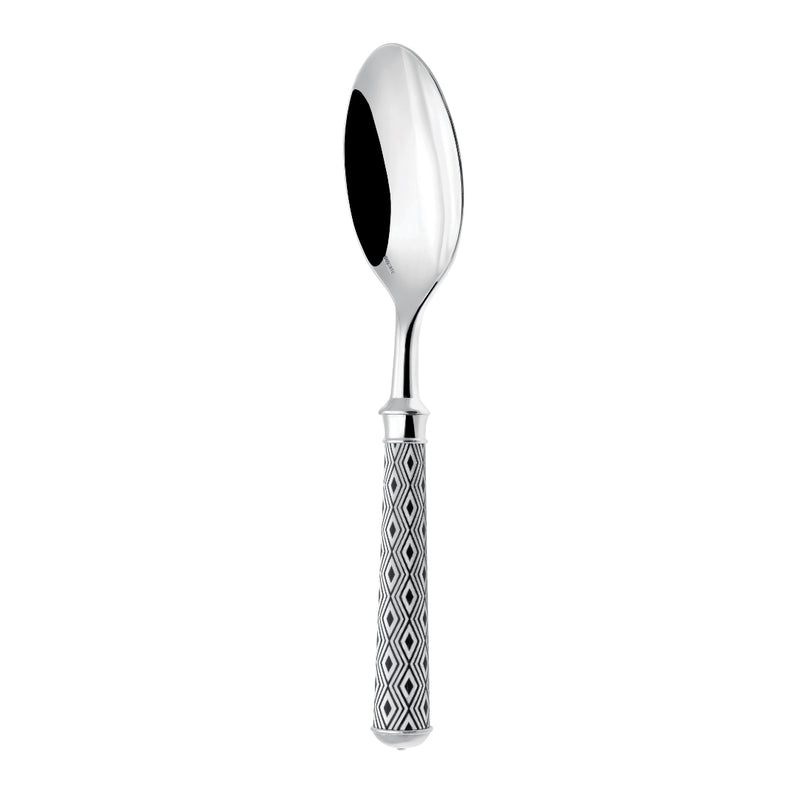 Arlequin Noir dinner spoon by Ercuis, silver plated with black lacquer and guilloché engraving.