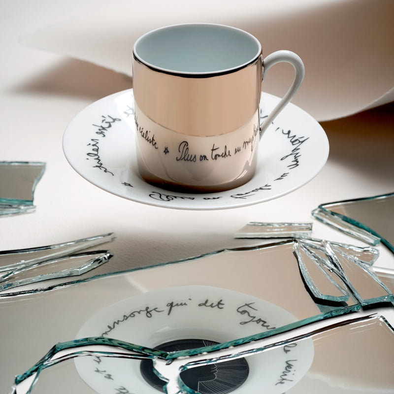 Coffee Cup Platinum Mirror & Saucer 'Béatrice' Jean Cocteau by Raynaud in a Round Gift Box
