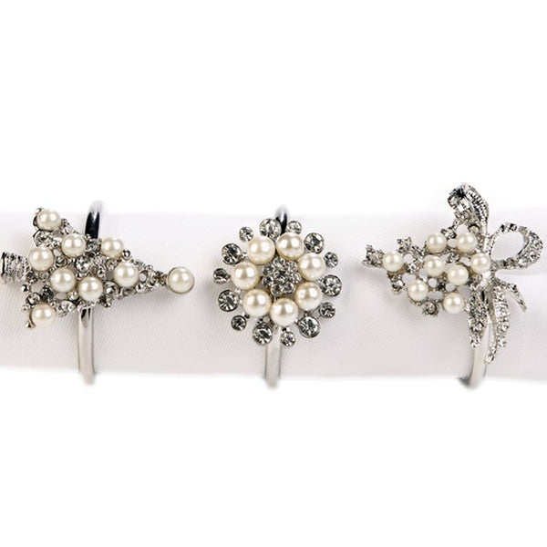 Christmas Napkin Ring with Crystals and Pearls in Silver (Set of 3)