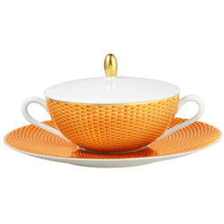 Cream Soup Covered Cup and Saucer Orange Pattern No 1 - Trésor