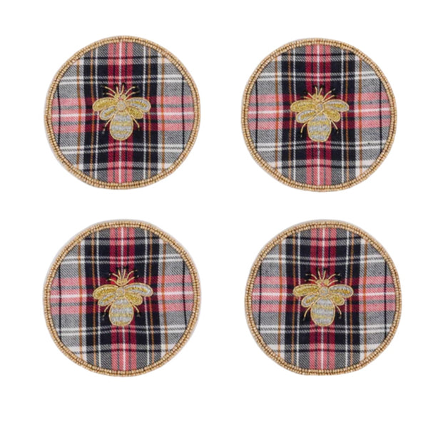 Embroidered Bee Plaid Coasters by Joanna Buchanan - Set of 4