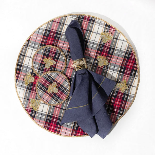 Embroidered Bee Plaid Coasters by Joanna Buchanan - Set of 4
