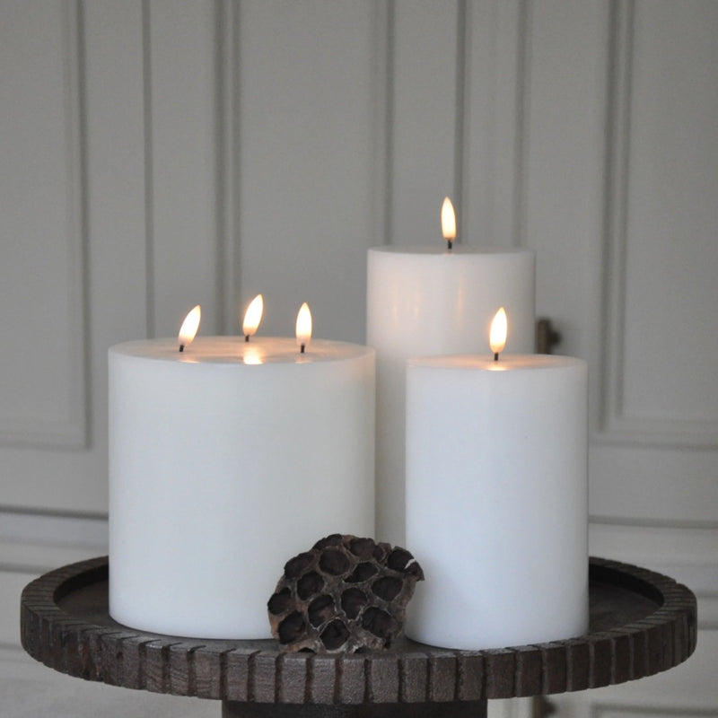 LED Triple Flame Pillar Candle 15cm x 15cm in Nordic White by Uyuni Lighting