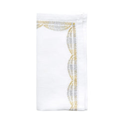 Patina Embroidered Linen Napkin in White, Gold and Silver by Kim Seybert