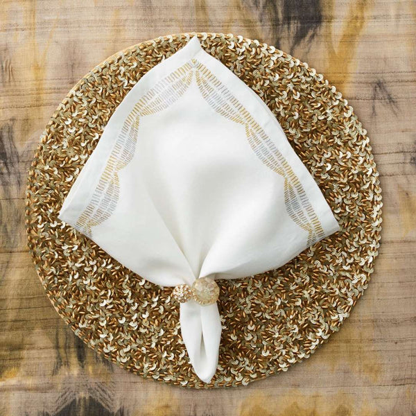 Patina Embroidered Linen Napkin in White, Gold and Silver by Kim Seybert