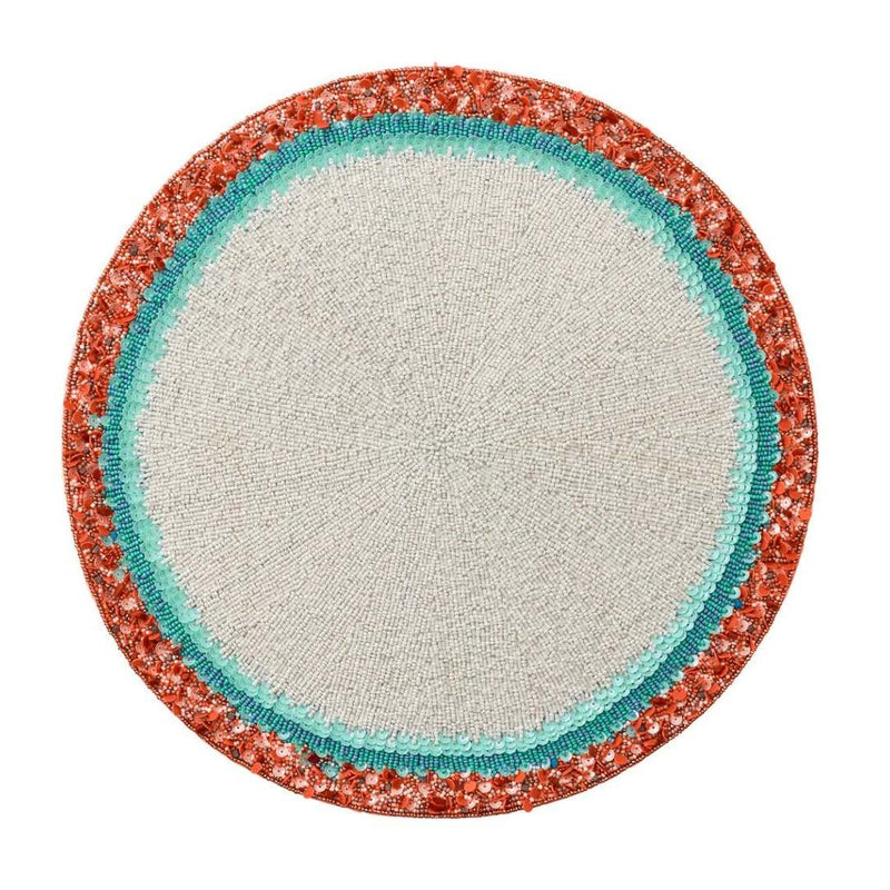 Amalfi Beaded Placemat in White, Turquoise & Coral by Kim Seybert