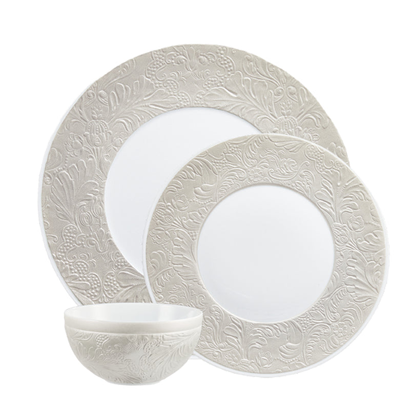 Dinnerware Set of 12 Pieces - 'Italian Renaissance' Irise Pearl Grey