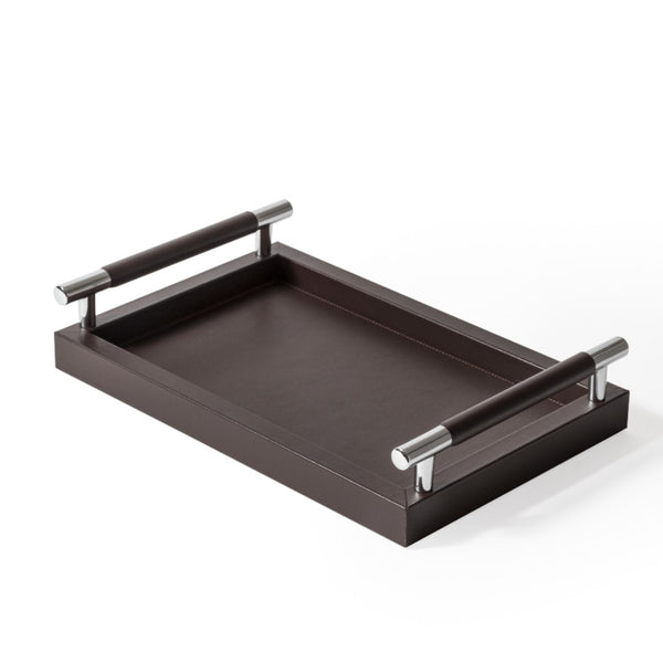 'Dedalo' Rectangular Grained Leather Tray in Coffee Brown by Pinetti | Small