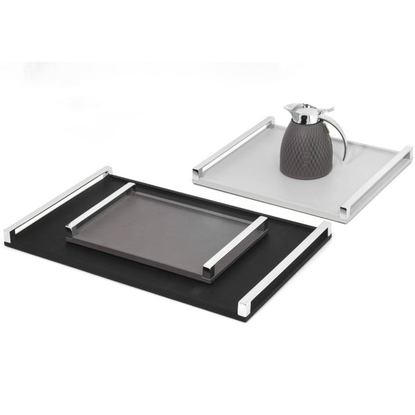 'Giove' Rectangular Leather Tray with Chrome Handles in Black by Pinetti