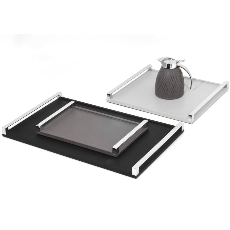 'Giove' Rectangular Leather Tray with Chrome Handles in Black by Pinetti