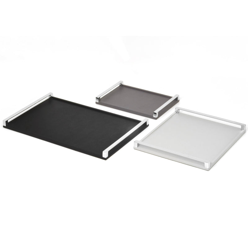 'Giove' Rectangular Leather Tray with Chrome Handles in Black by Pinetti