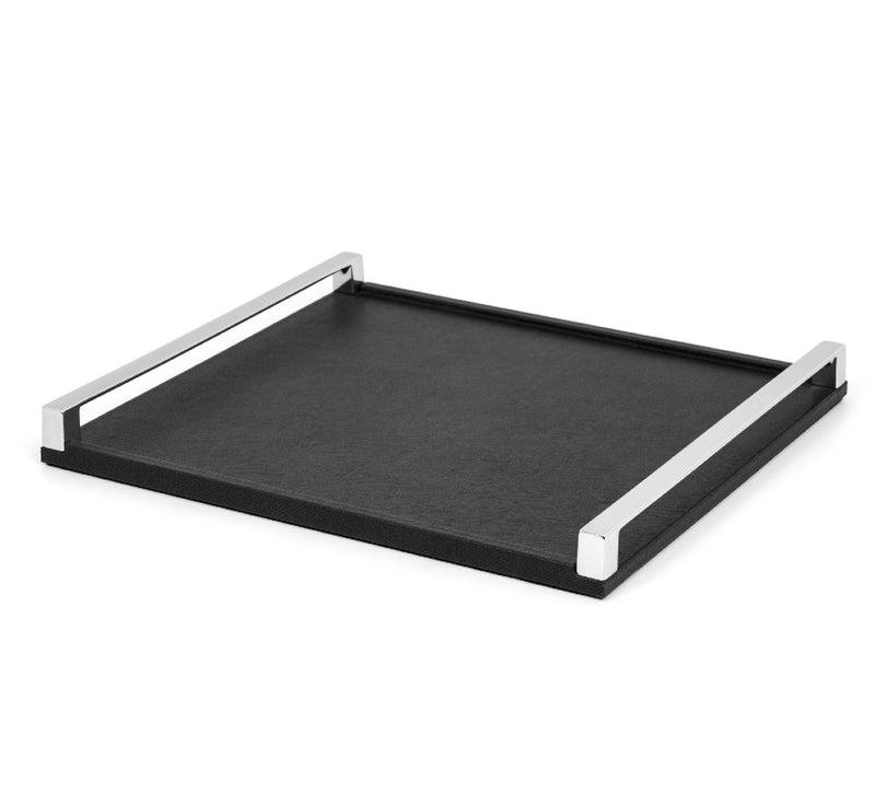 'Giove' Rectangular Leather Tray with Chrome Handles in Black by Pinetti