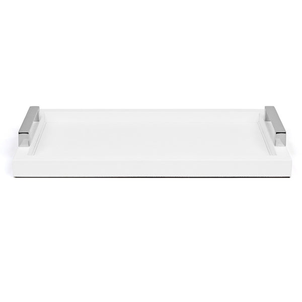 'Jupiter' Rectangular Grained Leather Tray with Chrome Handles in White by Pinetti