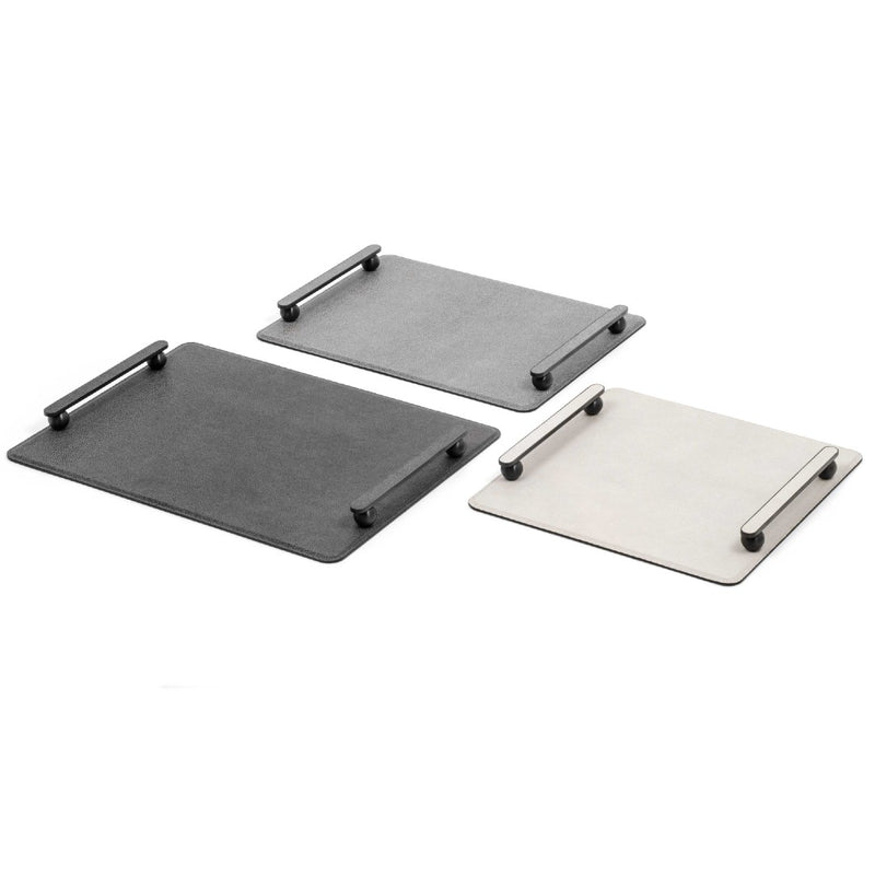 'Pamphilli' Rectangular Grained Leather Tray with Handles in Dark Grey by Pinetti