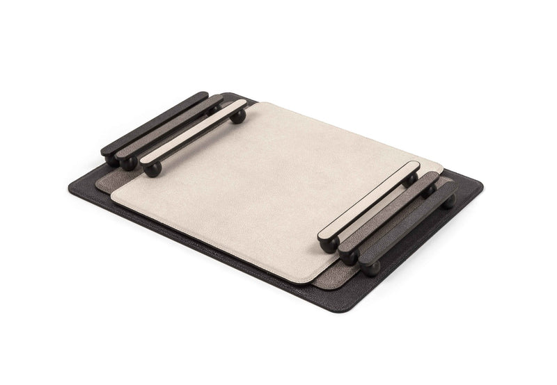 'Pamphilli' Rectangular Grained Leather Tray with Handles in Dark Grey by Pinetti