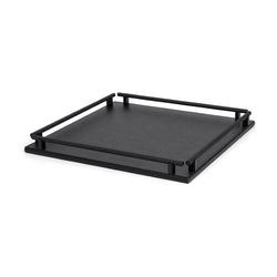 'Robert' Square Grained Leather Tray with Four Handles in Black by Pinetti | Medium