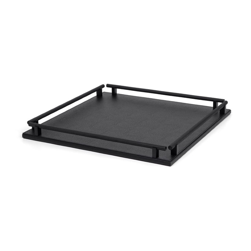 'Robert' Square Grained Leather Tray with Four Handles in Black by Pinetti | Medium