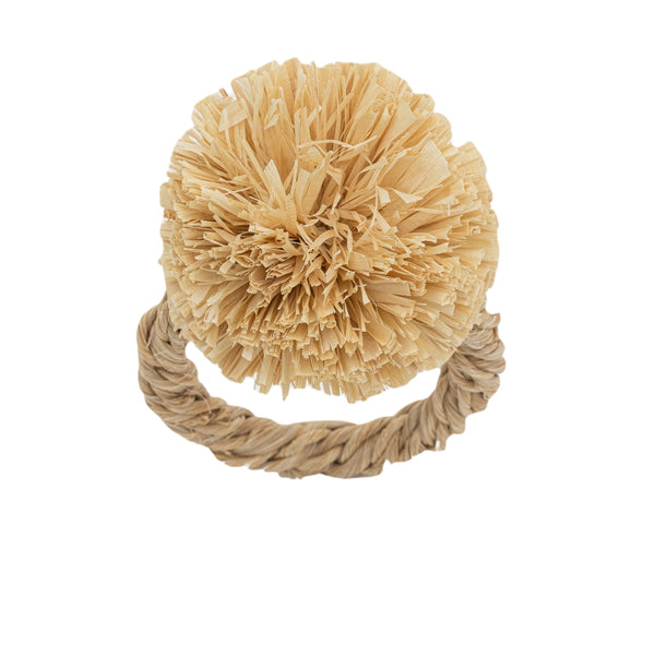 Straw Pompom Napkin Ring In Beige by Joanna Buchanan | Set of 4