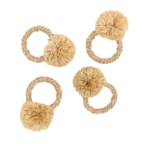 Straw Pompom Napkin Ring In Beige by Joanna Buchanan | Set of 4