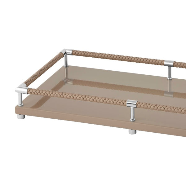 Rectangular Tray 'Thea' Lacquered in Taupe with Chrome Details by Riviere