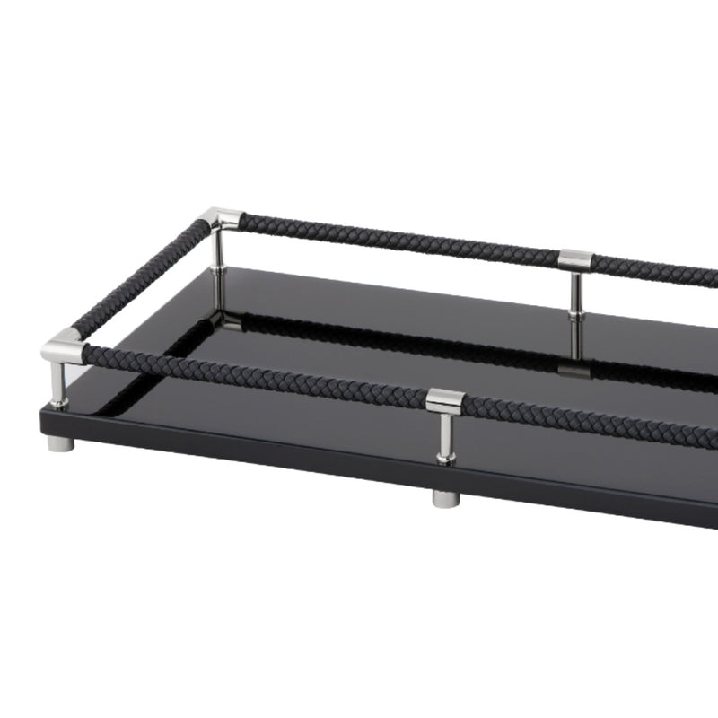 Rectangular Tray 'Thea' Lacquered in Black with Chrome Details by Riviere