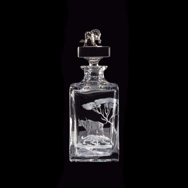 Crystal Whiskey Carafe "Big Five" with Sterling Silver Lion by Sonja Quandt
