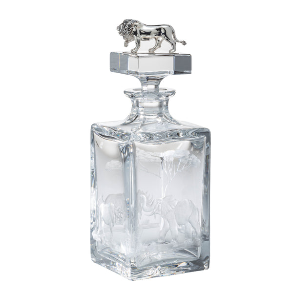 Crystal Whiskey Carafe "Big Five" with Sterling Silver Lion by Sonja Quandt