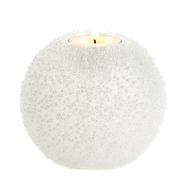 Candle Holder Glitter Jewel Ball in White Glass 10cm