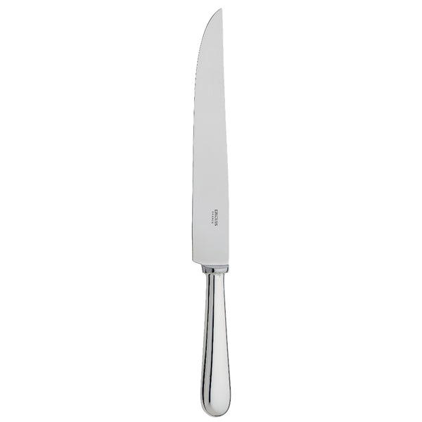 Silver-plated carving knife with long blade and polished rounded handle.
