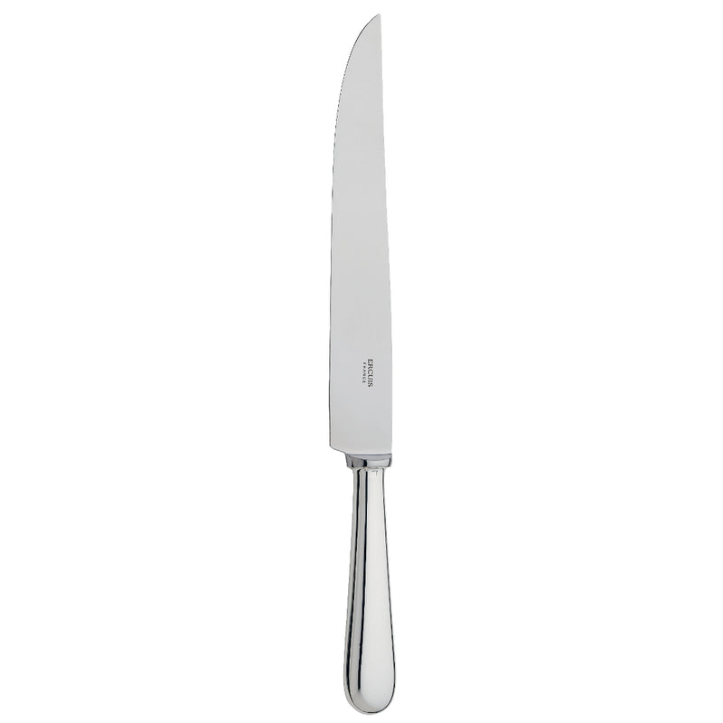 Silver-plated carving knife with long blade and polished rounded handle.