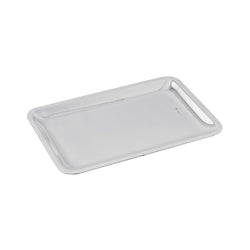 A silver plated rectangular tray with a simple, elegant design, featuring a subtle indentation to hold a creamer or sugar bowl.