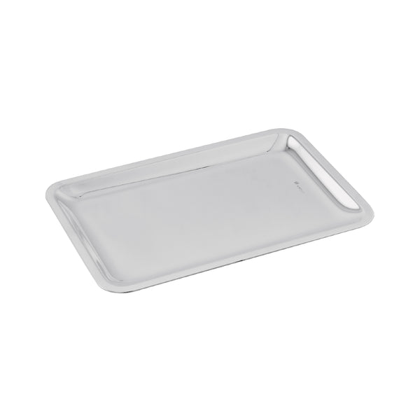 A silver plated rectangular tray with a simple, elegant design, featuring a subtle indentation to hold a creamer or sugar bowl.