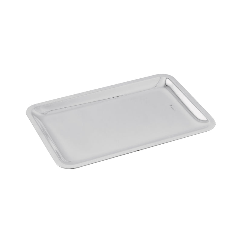 A silver plated rectangular tray with a simple, elegant design, featuring a subtle indentation to hold a creamer or sugar bowl.