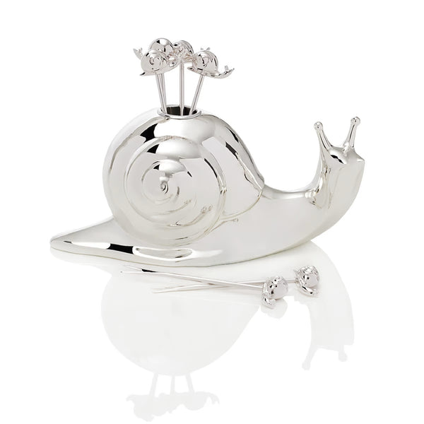Silver-plated snail cocktail pick holder with 8 matching picks from the Tuileries collection by Ercuis.