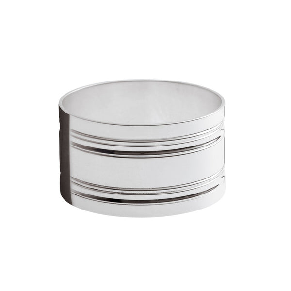 Silver-plated Filets napkin ring by Ercuis on white background.