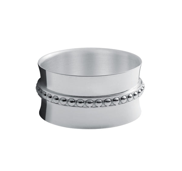 Silver-plated Perles napkin ring by Ercuis on white background.