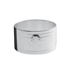 Silver-plated Coquille napkin ring by Ercuis on white background.