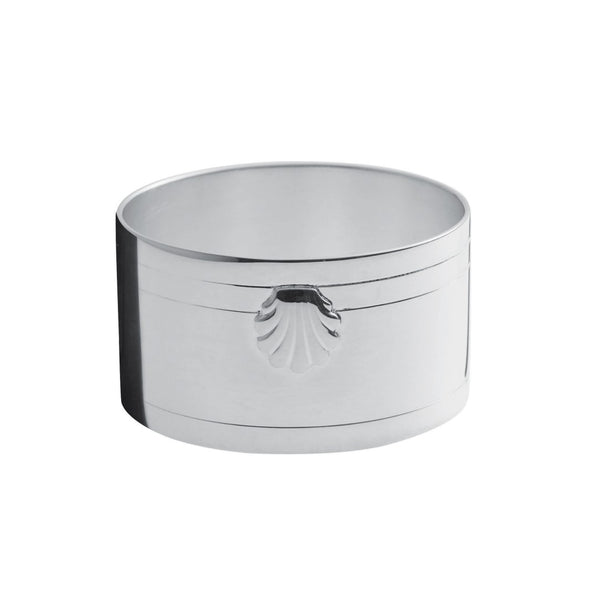Silver-plated Coquille napkin ring by Ercuis on white background.