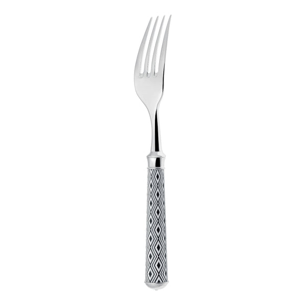 Arlequin Noir dinner fork by Ercuis, silver plated with black lacquer and guilloché engraving.