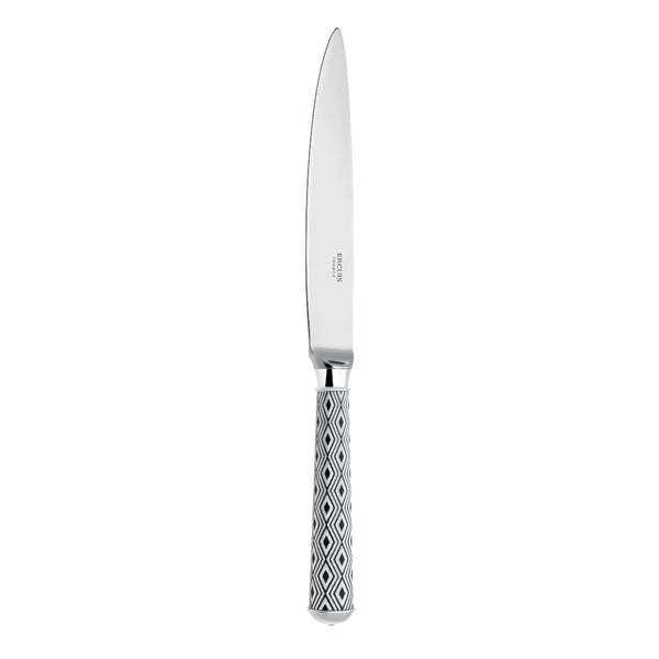 Arlequin Noir dinner knife by Ercuis, silver plated with black lacquer and guilloché engraving.